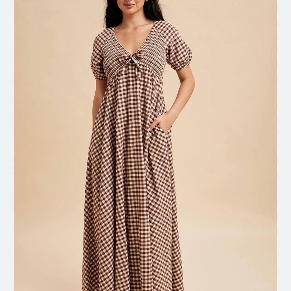Pinkblush Brown and Cream Gingham Tie-Front Maxi Dress